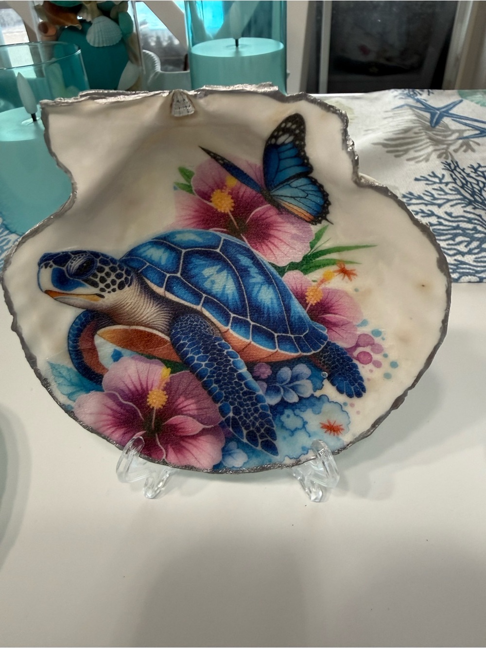 Blue Sea Turtle Decorative Shell Wall Art - Home Accent
